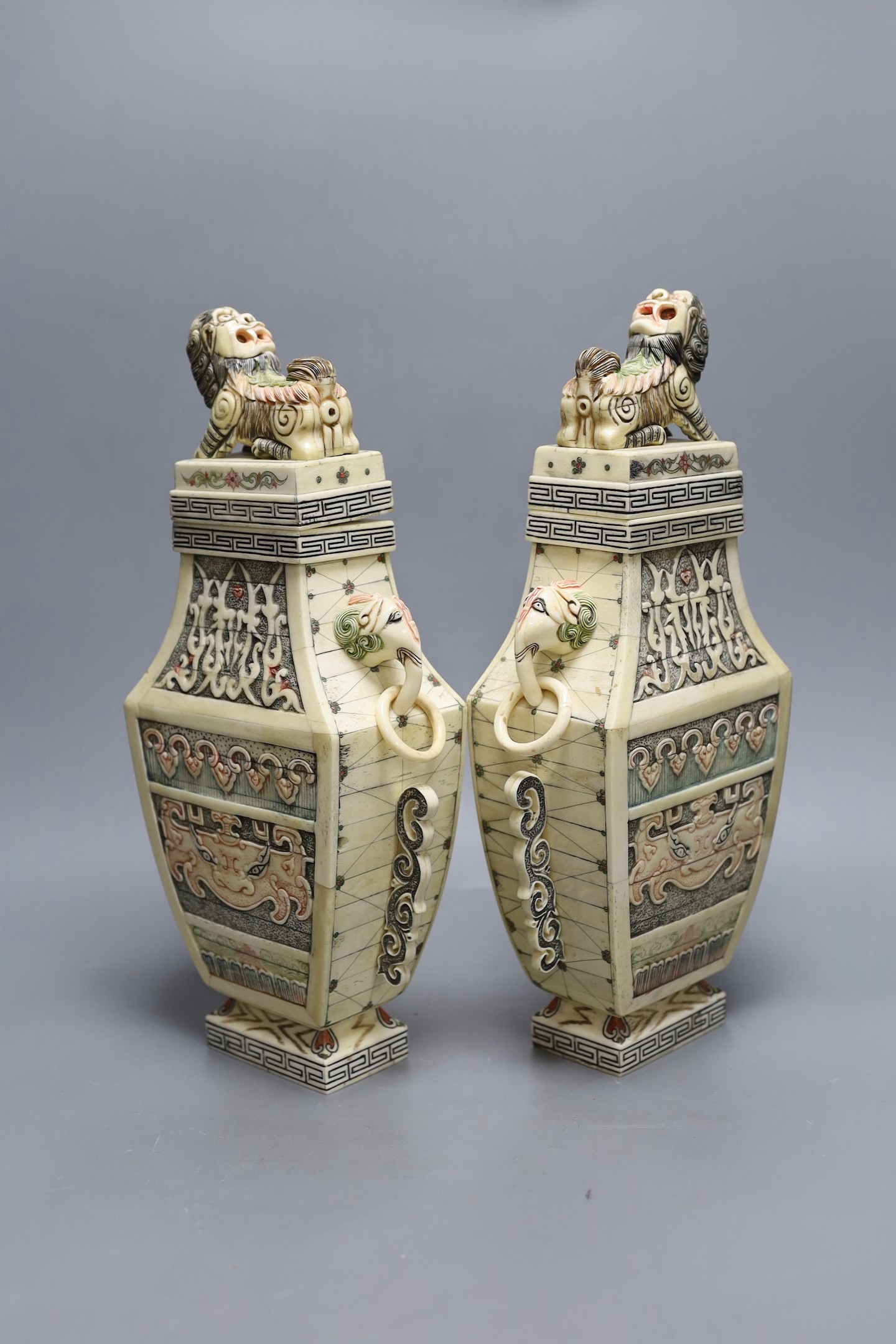 A pair of Chinese bone veneered vases, 37cm high